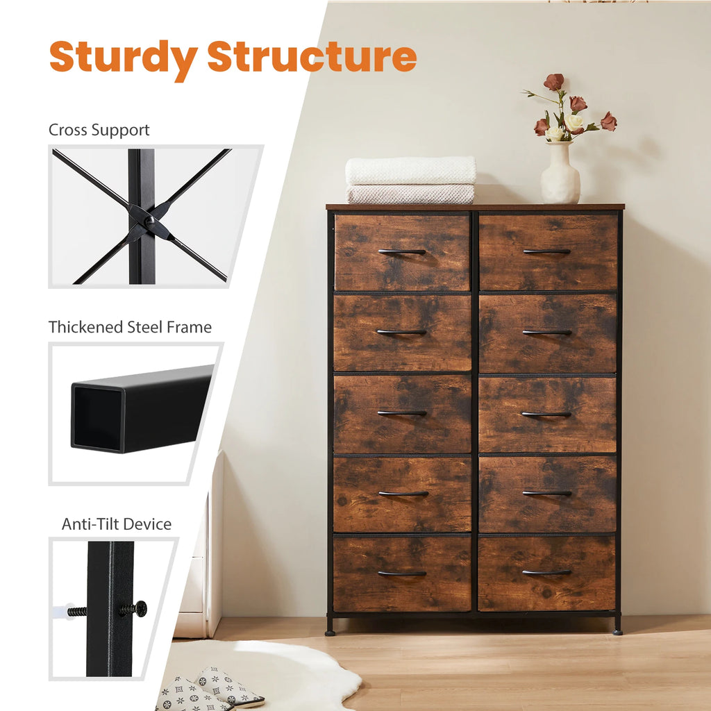 JHK Bedside Table For Bedroom With 10 Fabric Drawers Wardrobe Steel Frame Closet For Storage Cabinet Living Room