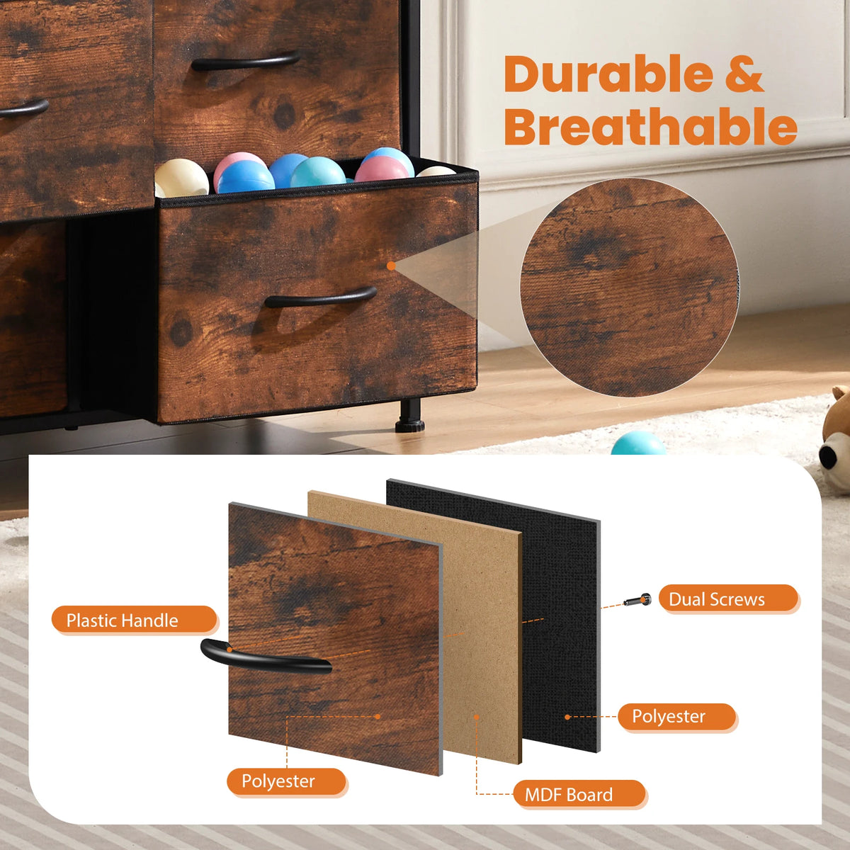 JHK Bedside Table For Bedroom With 10 Fabric Drawers Wardrobe Steel Frame Closet For Storage Cabinet Living Room