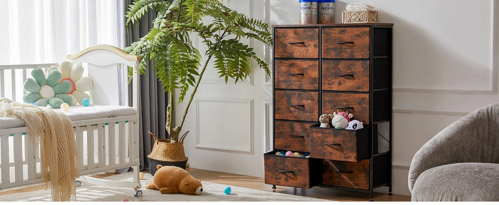 JHK Bedside Table For Bedroom With 10 Fabric Drawers Wardrobe Steel Frame Closet For Storage Cabinet Living Room