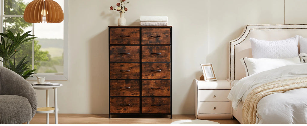 JHK Bedside Table For Bedroom With 10 Fabric Drawers Wardrobe Steel Frame Closet For Storage Cabinet Living Room