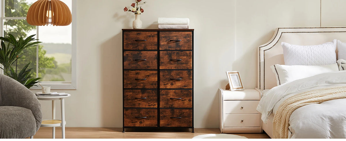 JHK Bedside Table For Bedroom With 10 Fabric Drawers Wardrobe Steel Frame Closet For Storage Cabinet Living Room