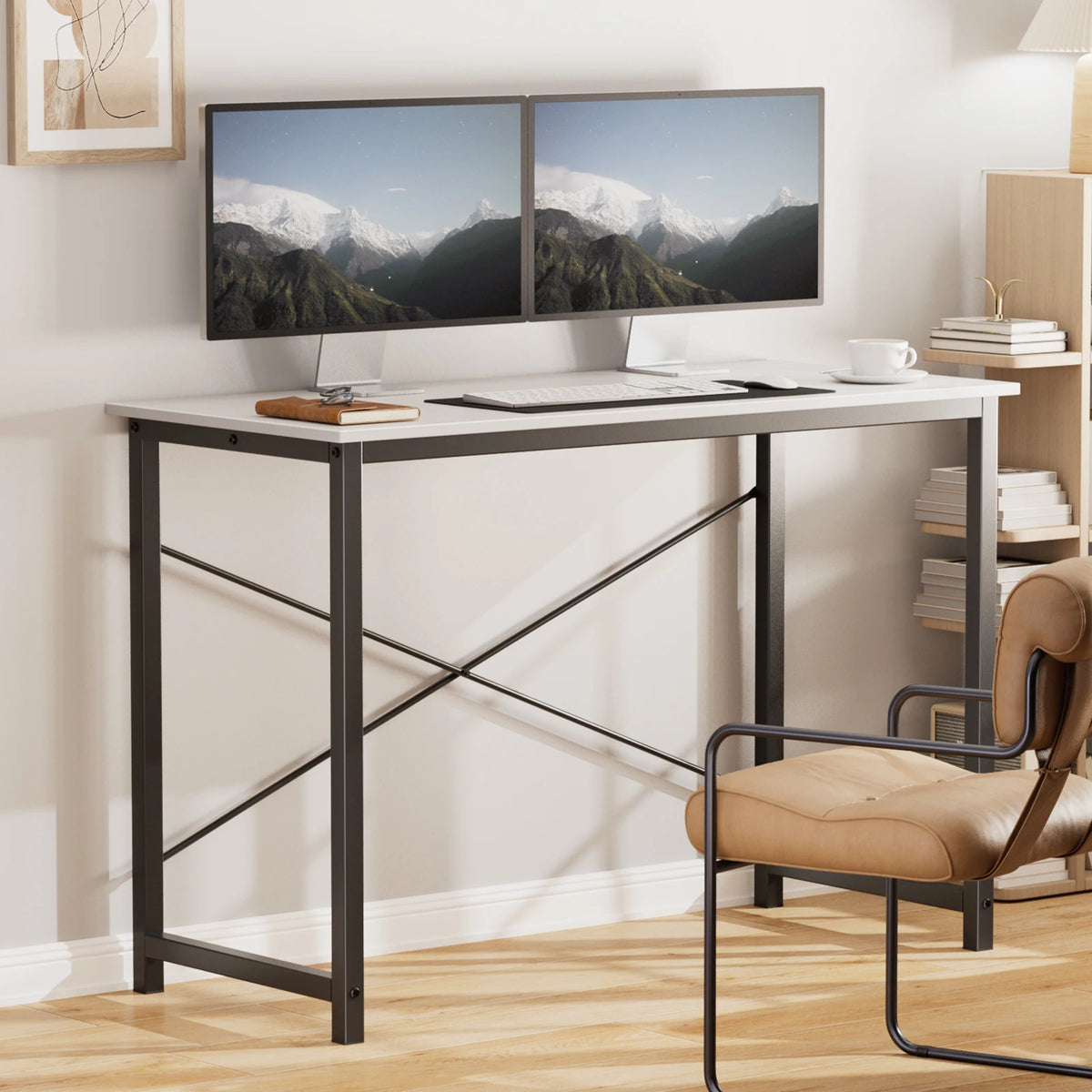 JHK Computer Office Desk Writing Study Office Gaming Table Modern Simple Style Compact Metal Frame Wood Tabletop Easy