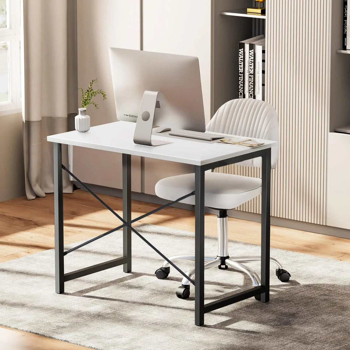 JHK Computer Office Desk Writing Study Office Gaming Table Modern Simple Style Compact Metal Frame Wood Tabletop Easy