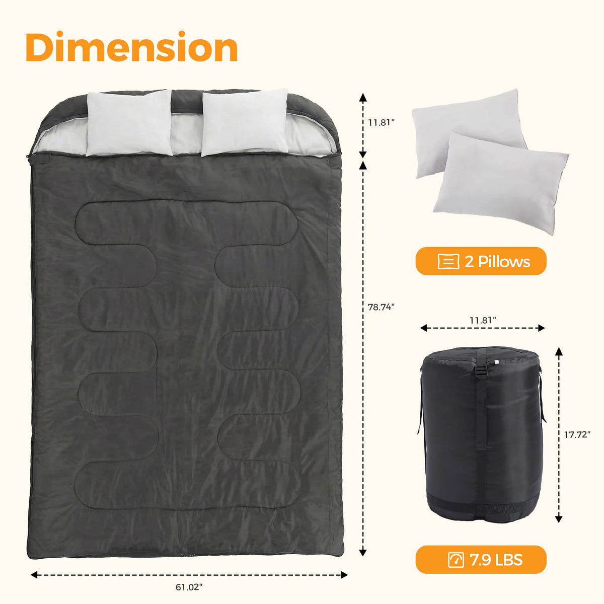 JHK Double Sleeping Bag for Adults with Pillow Lightweight 3 Season Portable Compact Sleeping Bag for 2 Person Hiking