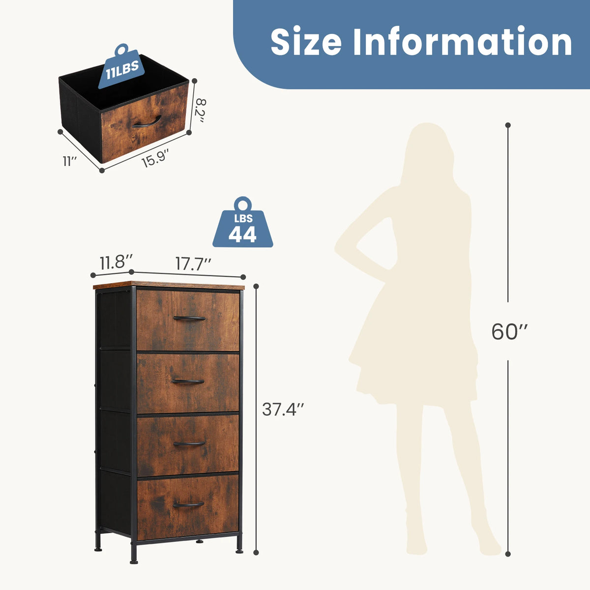 JHK Dresser For Bedroom With 4 Fabric Drawers Nightstand Wardrobe Steel Frame Closet For Clothes Storage Cabinet