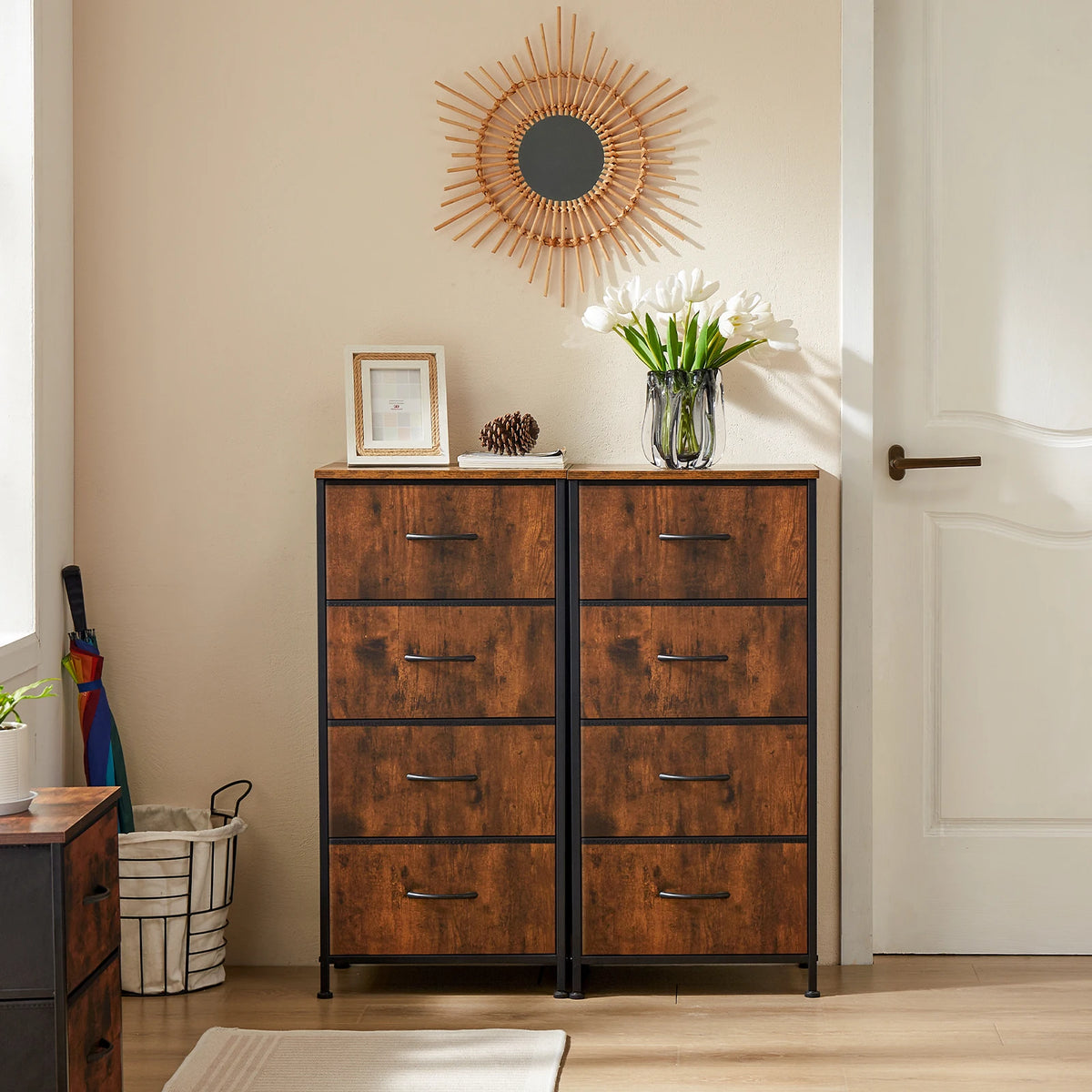 JHK Dresser For Bedroom With 4 Fabric Drawers Nightstand Wardrobe Steel Frame Closet For Clothes Storage Cabinet