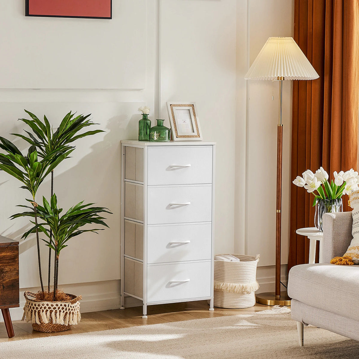 JHK Dresser For Bedroom With 4 Fabric Drawers Nightstand Wardrobe Steel Frame Closet For Clothes Storage Cabinet