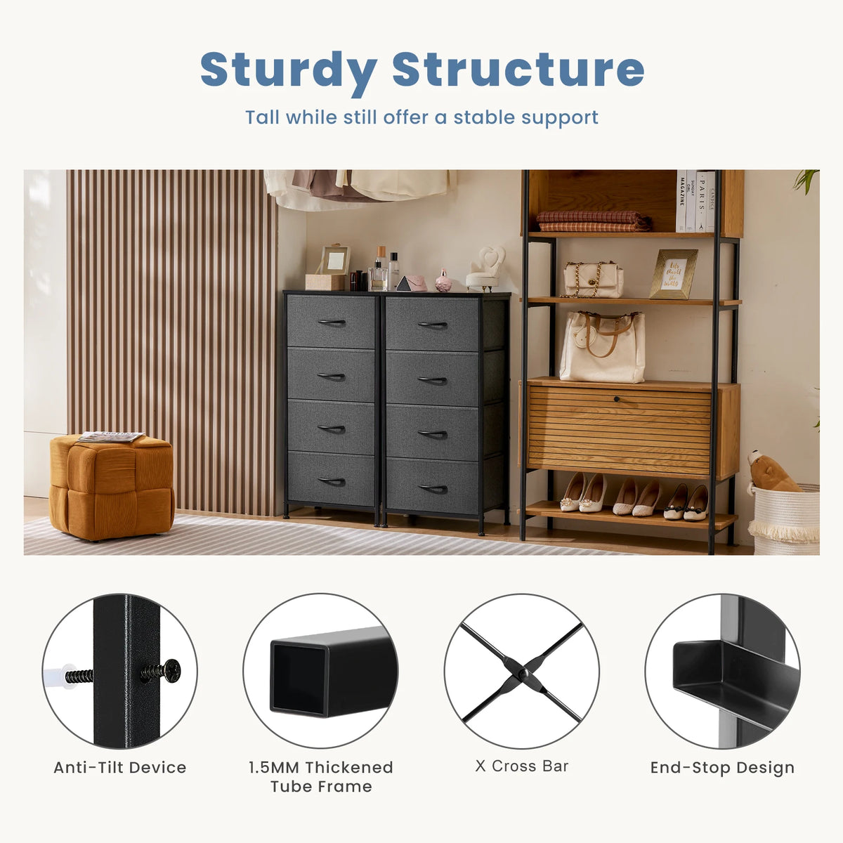 JHK Dresser For Bedroom With 4 Fabric Drawers Nightstand Wardrobe Steel Frame Closet For Clothes Storage Cabinet
