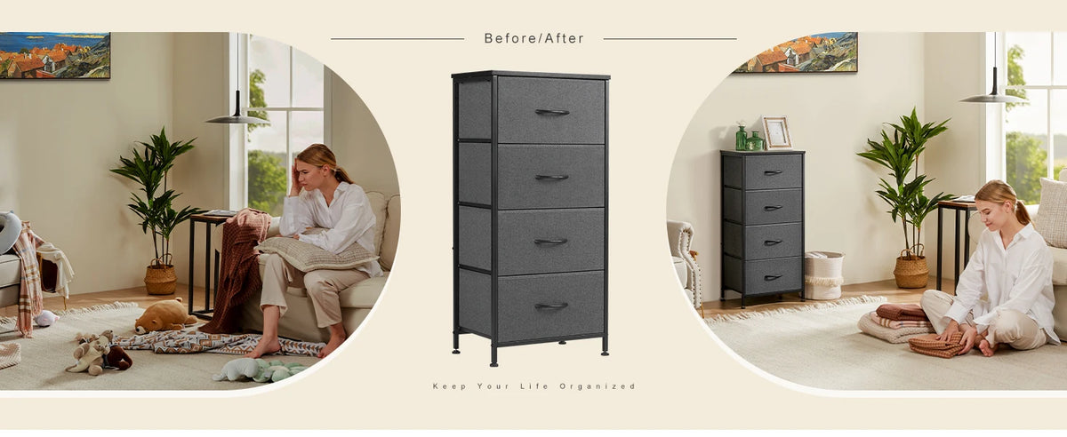 JHK Dresser For Bedroom With 4 Fabric Drawers Nightstand Wardrobe Steel Frame Closet For Clothes Storage Cabinet