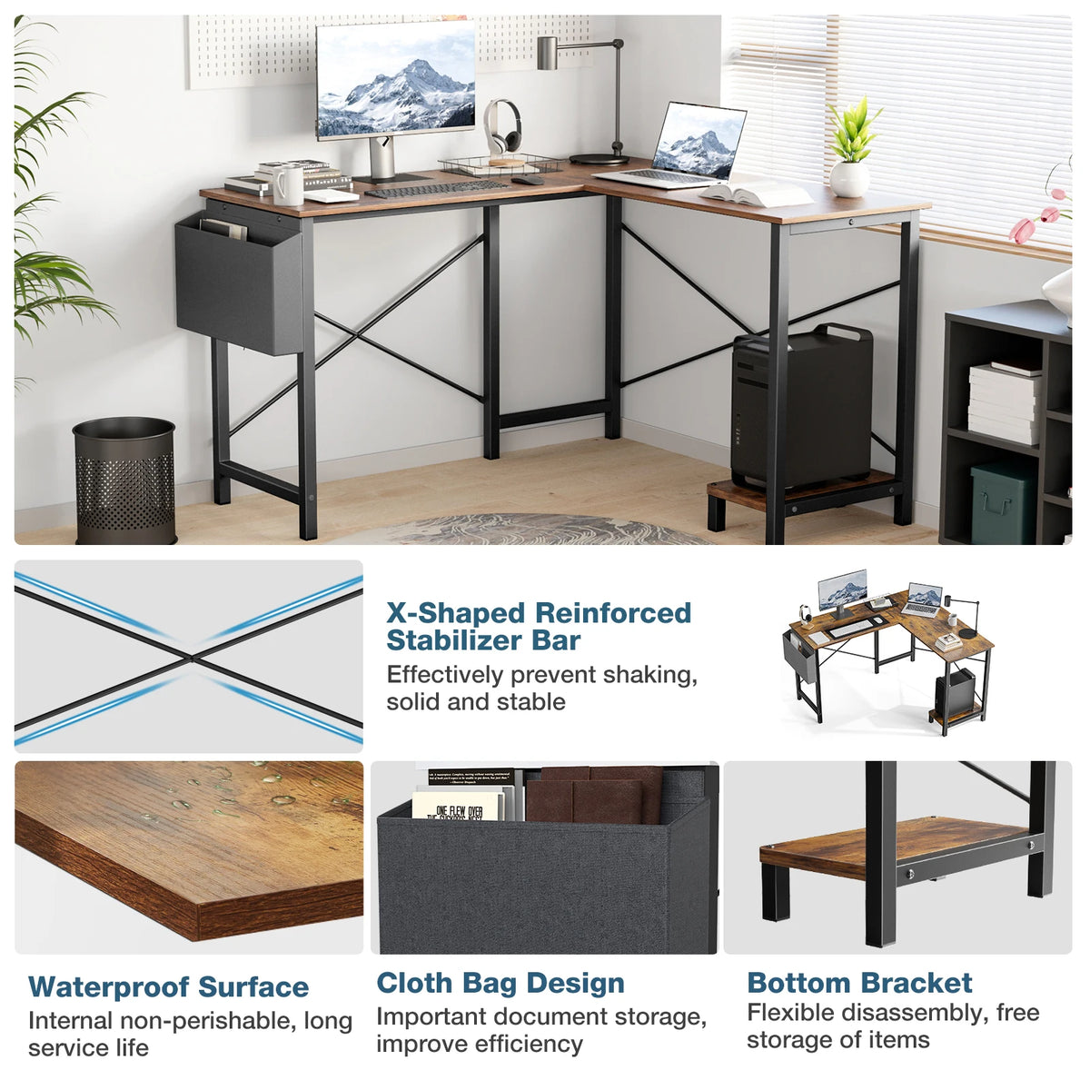 JHK Gaming Corner 50 Inch Office Writing PC Wooden Table with CPU Storage Shelf & Side Bag for Home Office Bedroom