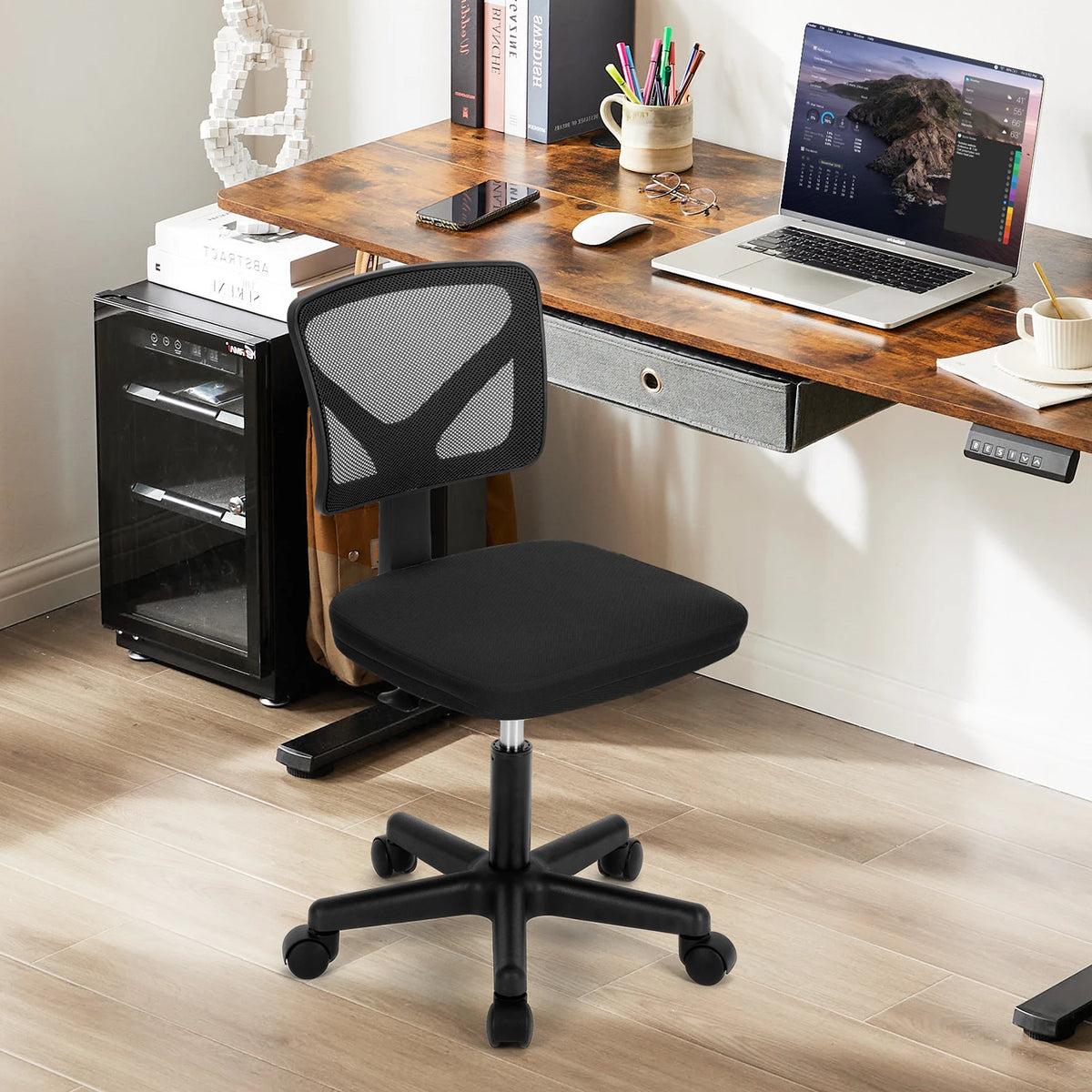 JHK Mesh with Lumbar Support Armless Office Chair Low Back with Wheels Adjustable Height 360° Rolling Swivel Computer