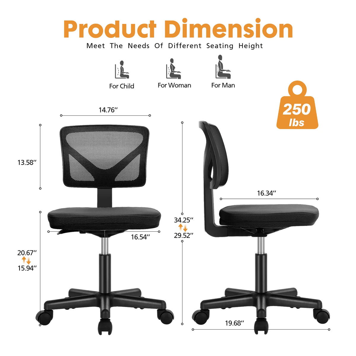 JHK Mesh with Lumbar Support Armless Office Chair Low Back with Wheels Adjustable Height 360° Rolling Swivel Computer