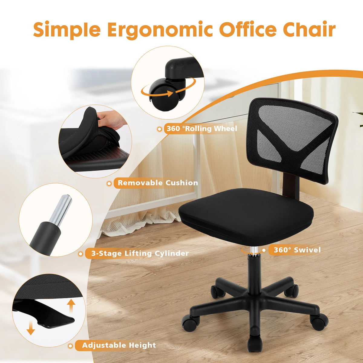JHK Mesh with Lumbar Support Armless Office Chair Low Back with Wheels Adjustable Height 360° Rolling Swivel Computer