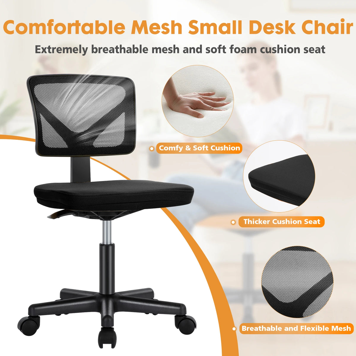 JHK Mesh with Lumbar Support Armless Office Chair Low Back with Wheels Adjustable Height 360° Rolling Swivel Computer
