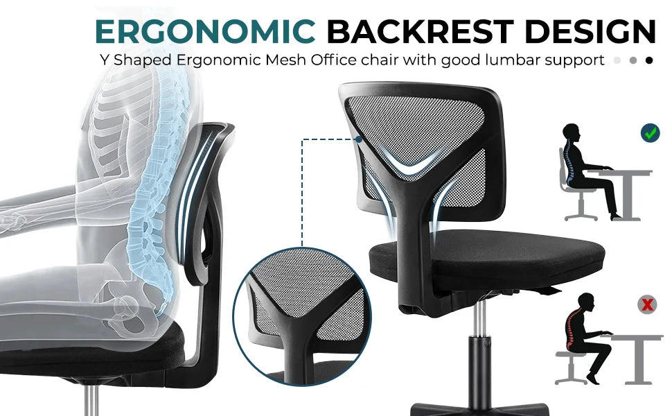 JHK Mesh with Lumbar Support Armless Office Chair Low Back with Wheels Adjustable Height 360° Rolling Swivel Computer