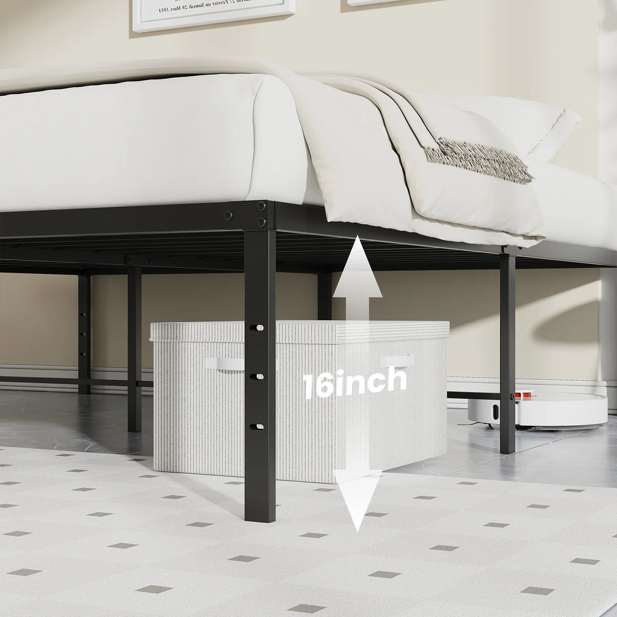 JHK Metal Platform 16IN Tall Basic Bed Frame Sturdy Steel Heavy Duty with Storage Space Bedroom Frames Slat Support