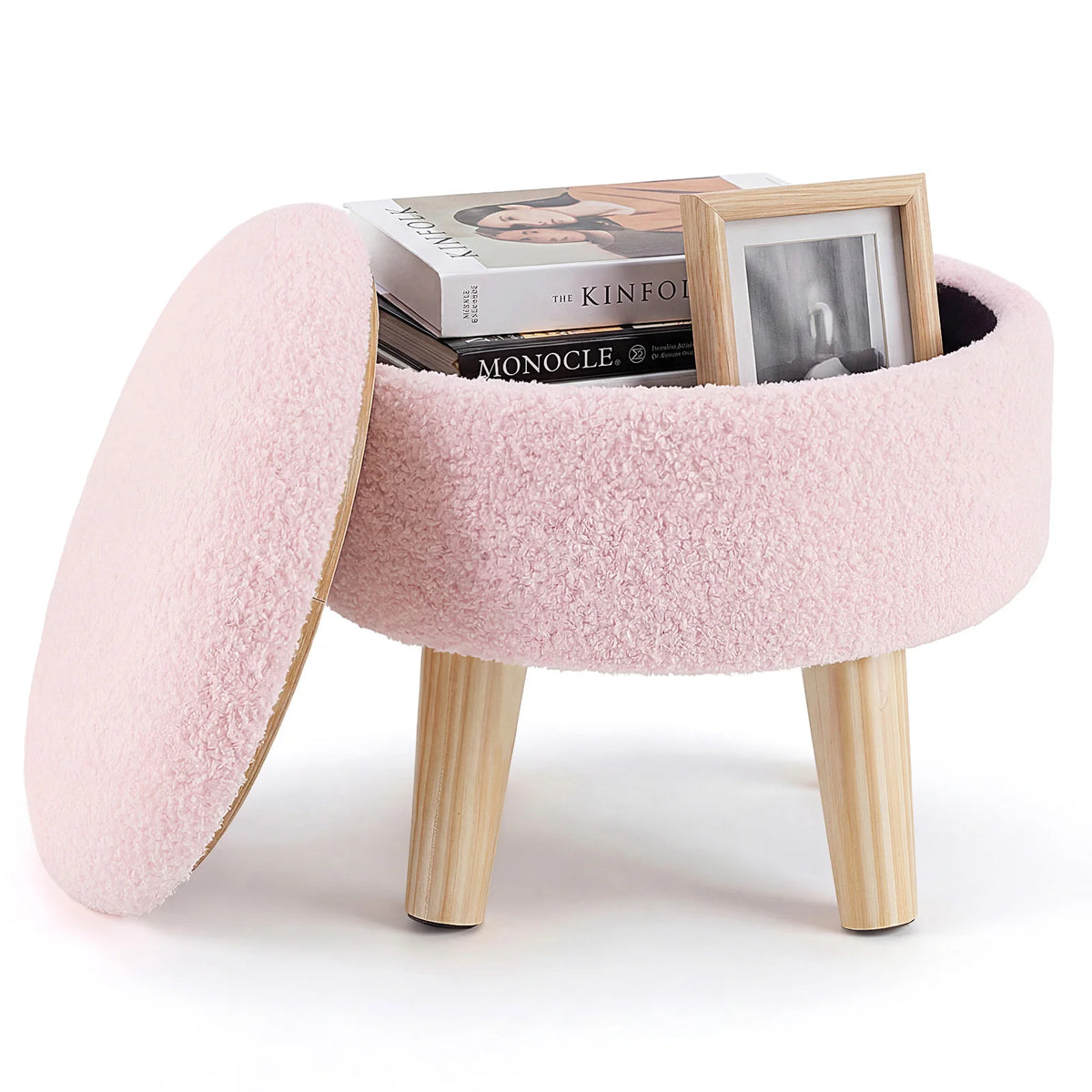 JHK Round Storage Ottoman Stool Teddy Velvet Padded Seat Footstool with Hidden Storage Wood Legs for Living Room