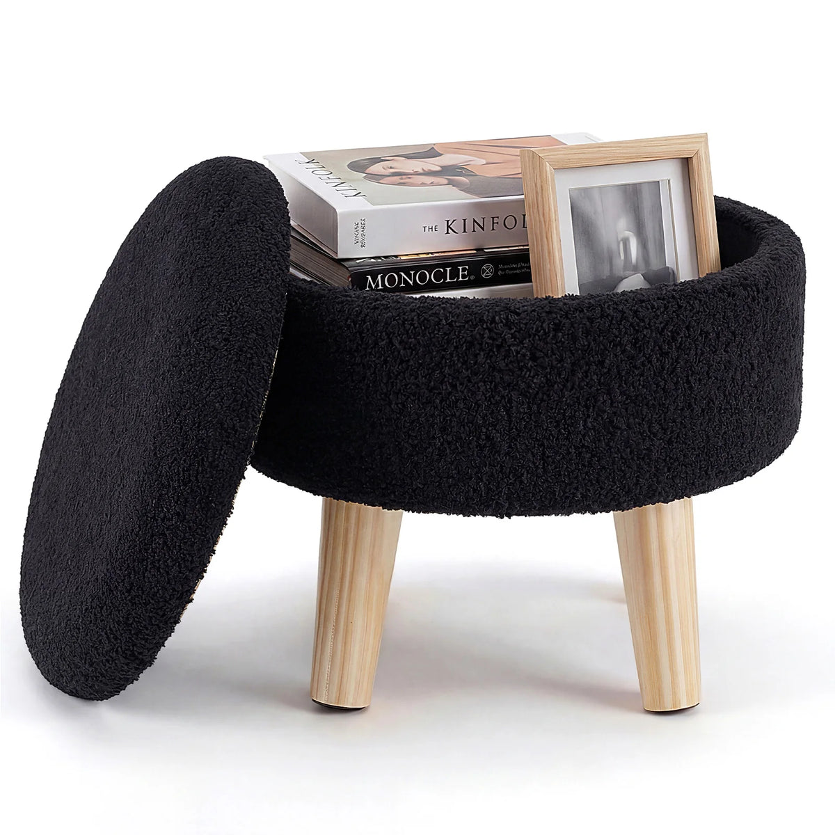 JHK Round Storage Ottoman Stool Teddy Velvet Padded Seat Footstool with Hidden Storage Wood Legs for Living Room