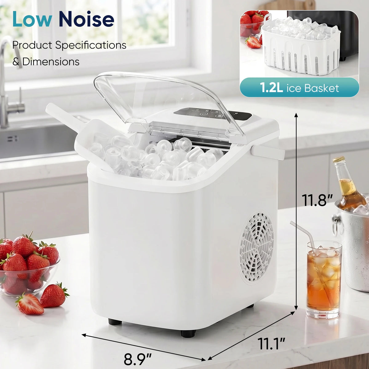 JHK Small Portable Ice Machine Countertop Ice Maker with Scoop Basket and Handle 9 Ice Cubes Ready in 6 Mins 26.5lbs