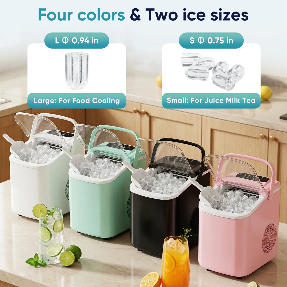 JHK Small Portable Ice Machine Countertop Ice Maker with Scoop Basket and Handle 9 Ice Cubes Ready in 6 Mins 26.5lbs