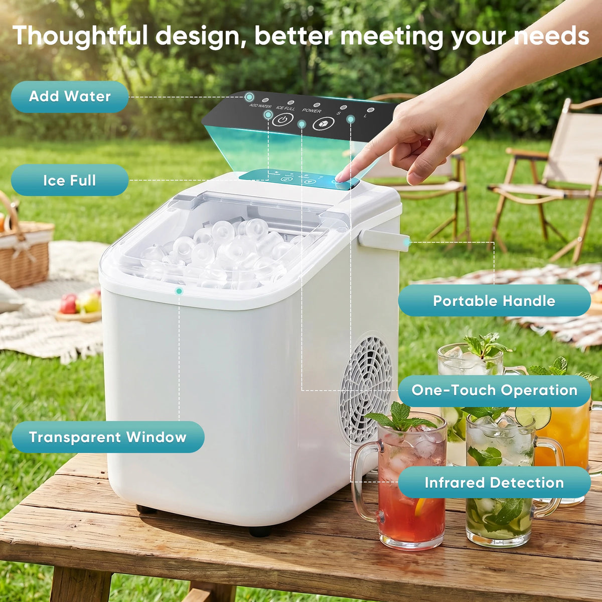 JHK Small Portable Ice Machine Countertop Ice Maker with Scoop Basket and Handle 9 Ice Cubes Ready in 6 Mins 26.5lbs