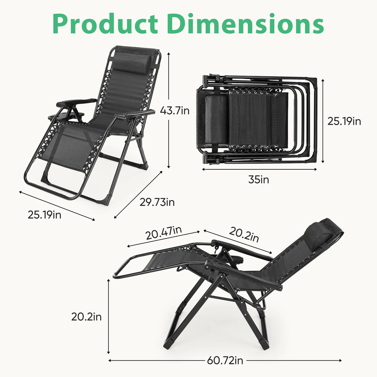 JHK Zero Gravity Recliner Camping Patio Lounge Chair Folding Portable with Cup Holder Trays Removable Cushion