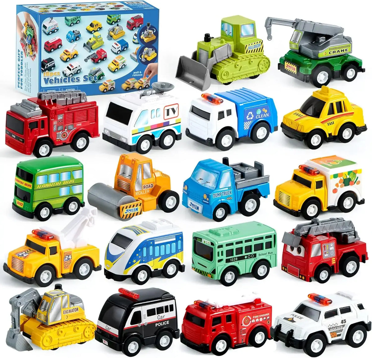 JOYFY 18 Pcs Pull Back City Cars and Trucks Toy Vehicles Set Friction Powered Cars for Kids Best Birthday Christmas Gifts - Nexvibe