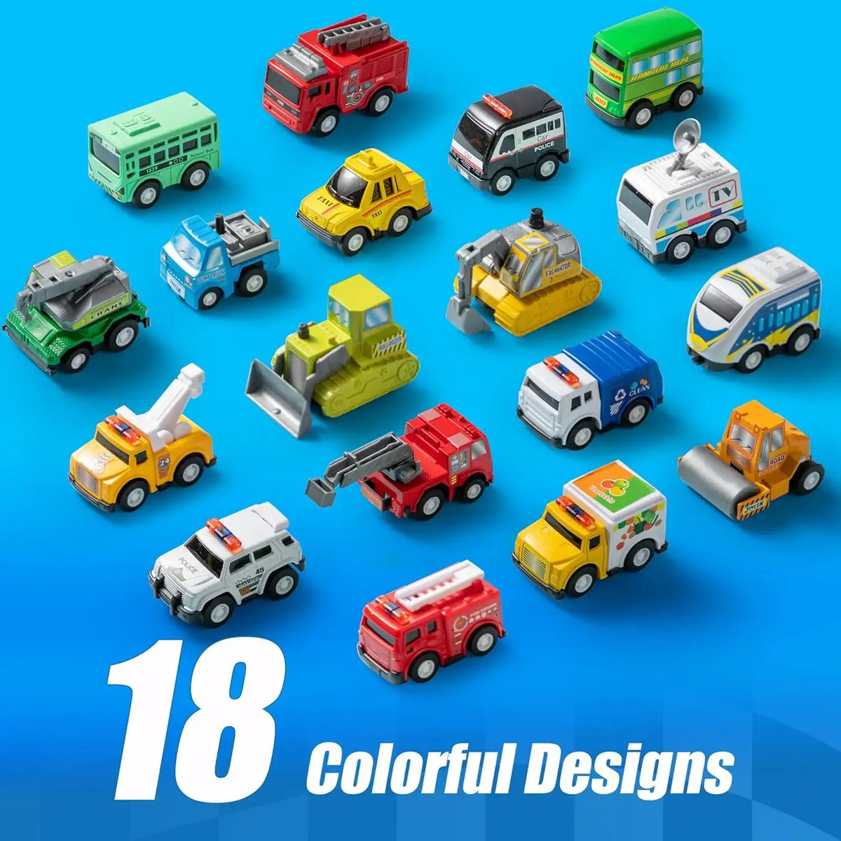 JOYFY 18 Pcs Pull Back City Cars and Trucks Toy Vehicles Set Friction Powered Cars for Kids Best Birthday Christmas Gifts - Nexvibe