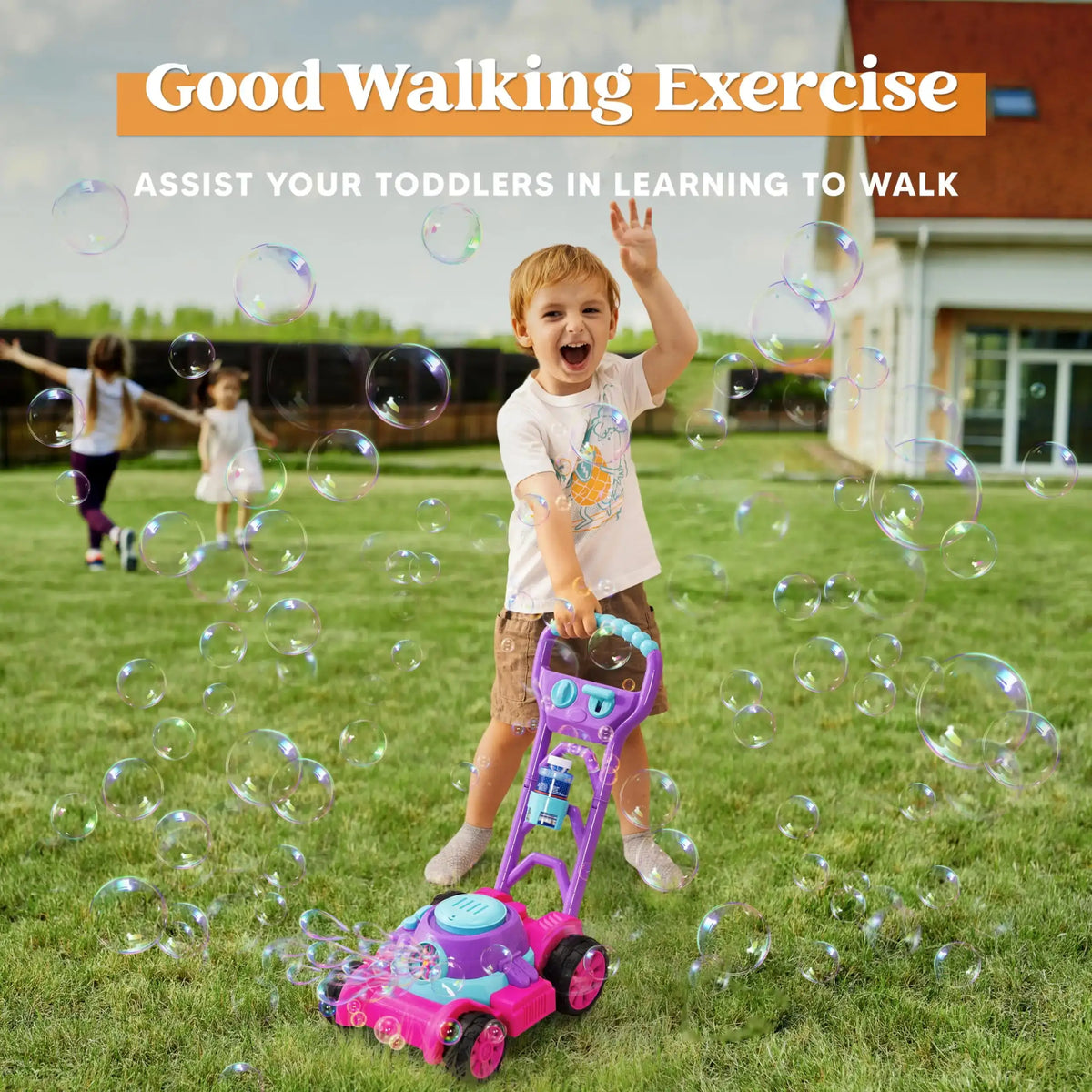 JOYFY Bubble Lawn Mower Bubble Machine Summer Outdoor Toys Pink Bubble Blower for Kids 3-6 Birthday Gifts - Nexvibe