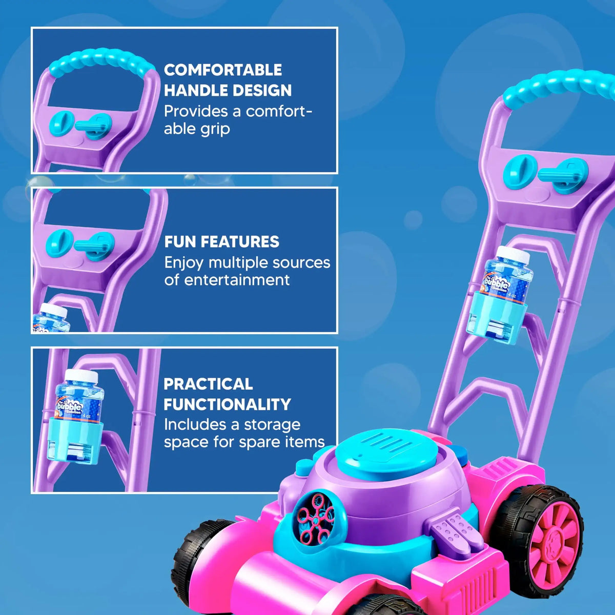 JOYFY Bubble Lawn Mower Bubble Machine Summer Outdoor Toys Pink Bubble Blower for Kids 3-6 Birthday Gifts - Nexvibe