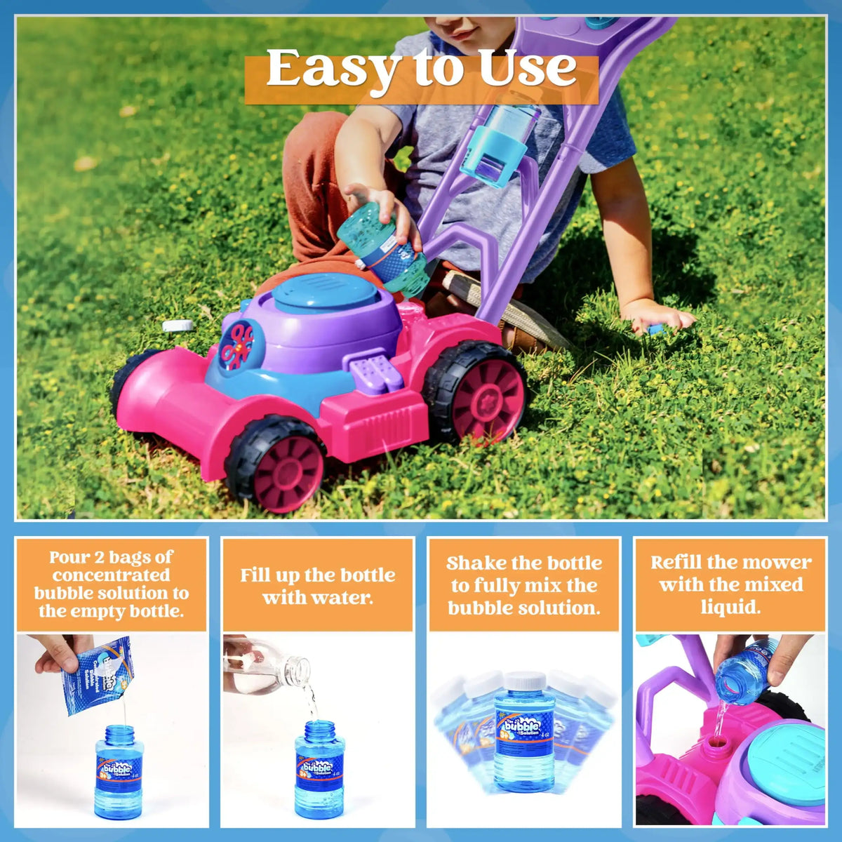 JOYFY Bubble Lawn Mower Bubble Machine Summer Outdoor Toys Pink Bubble Blower for Kids 3-6 Birthday Gifts - Nexvibe