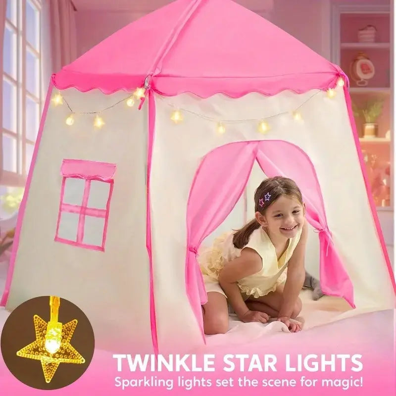 JOYFY Pink Princess Tent for Girls with LED Star Lights Large Playhouse Kids Castle Play Tent for Children Indoor Outdoor Games - Nexvibe