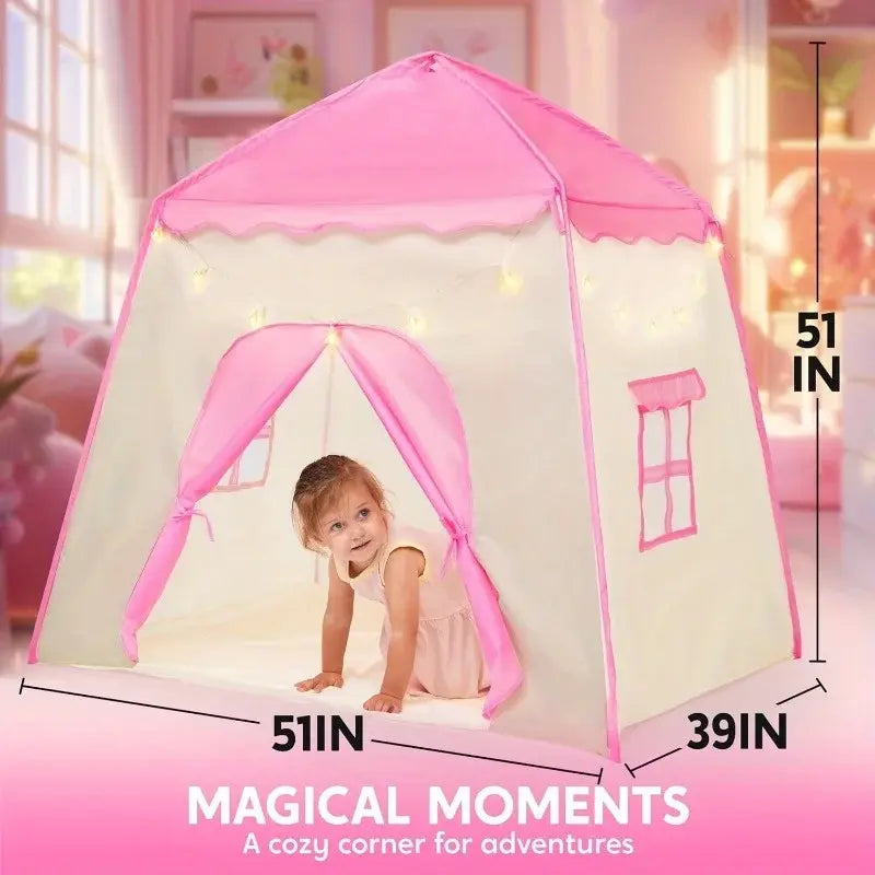 JOYFY Pink Princess Tent for Girls with LED Star Lights Large Playhouse Kids Castle Play Tent for Children Indoor Outdoor Games - Nexvibe