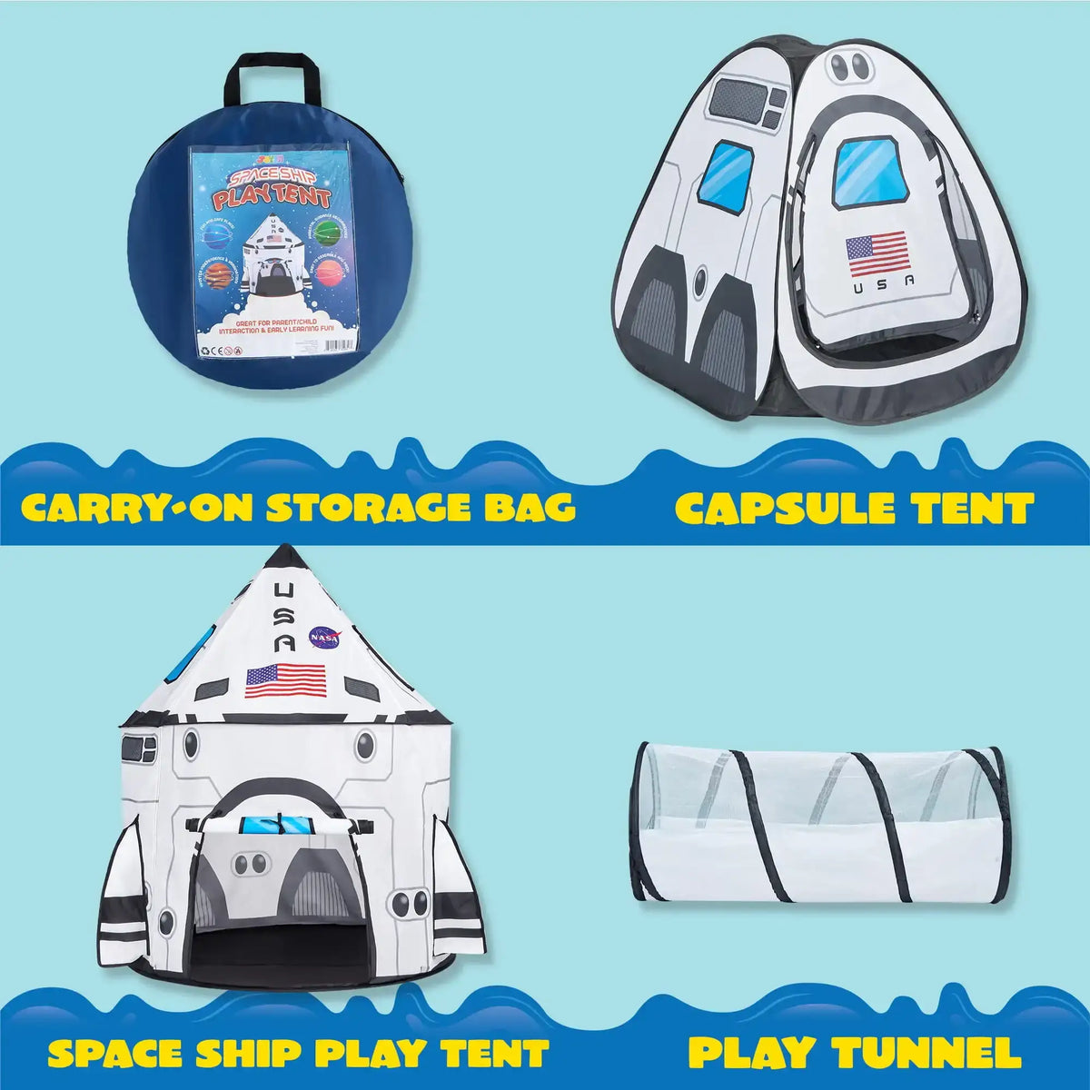 Joyfy Rocket Ship Play Tents Set Pop up Play house with Tunnel 3-Piece Play Tent for Kids Pretend Play Birthday Gift - Nexvibe