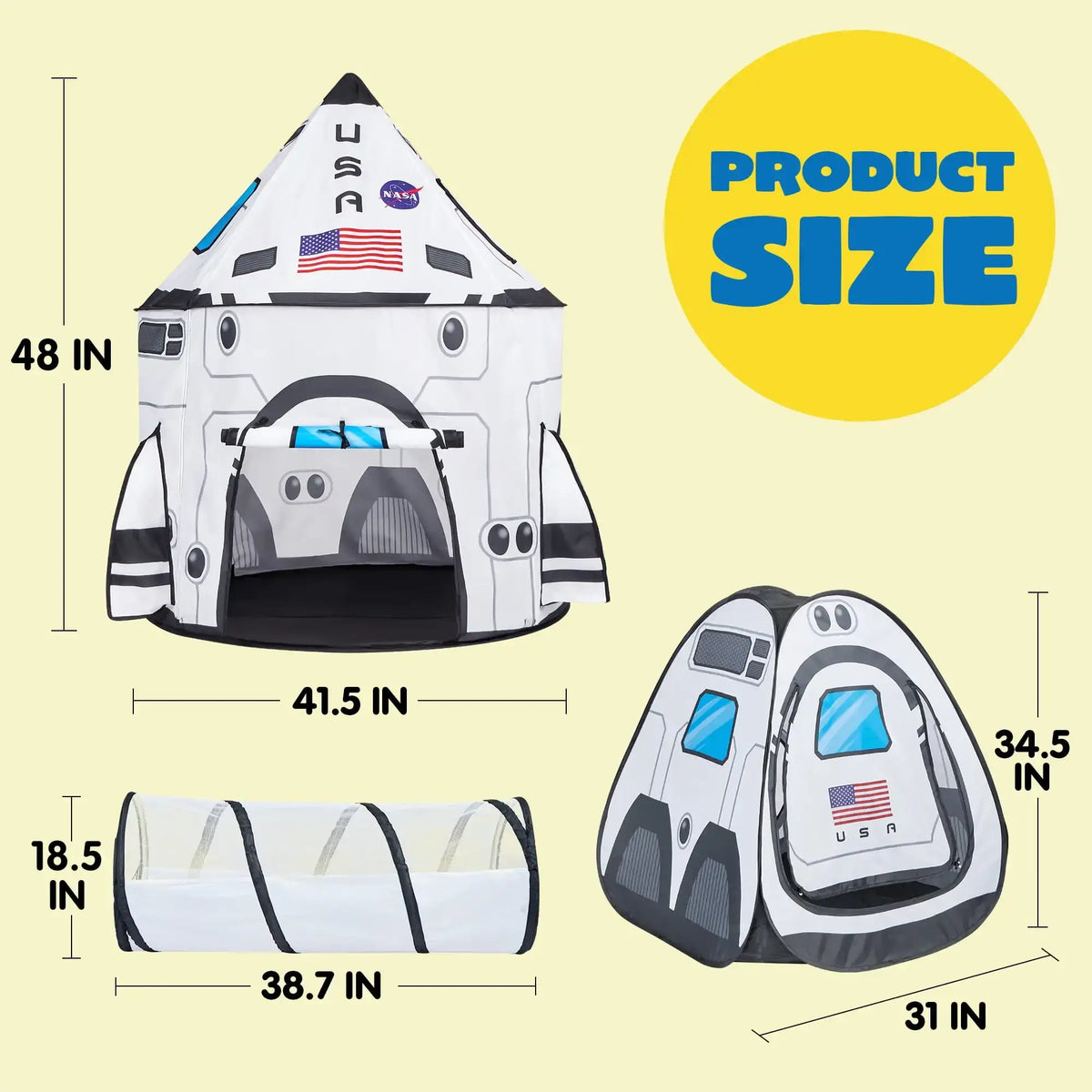 Joyfy Rocket Ship Play Tents Set Pop up Play house with Tunnel 3-Piece Play Tent for Kids Pretend Play Birthday Gift - Nexvibe