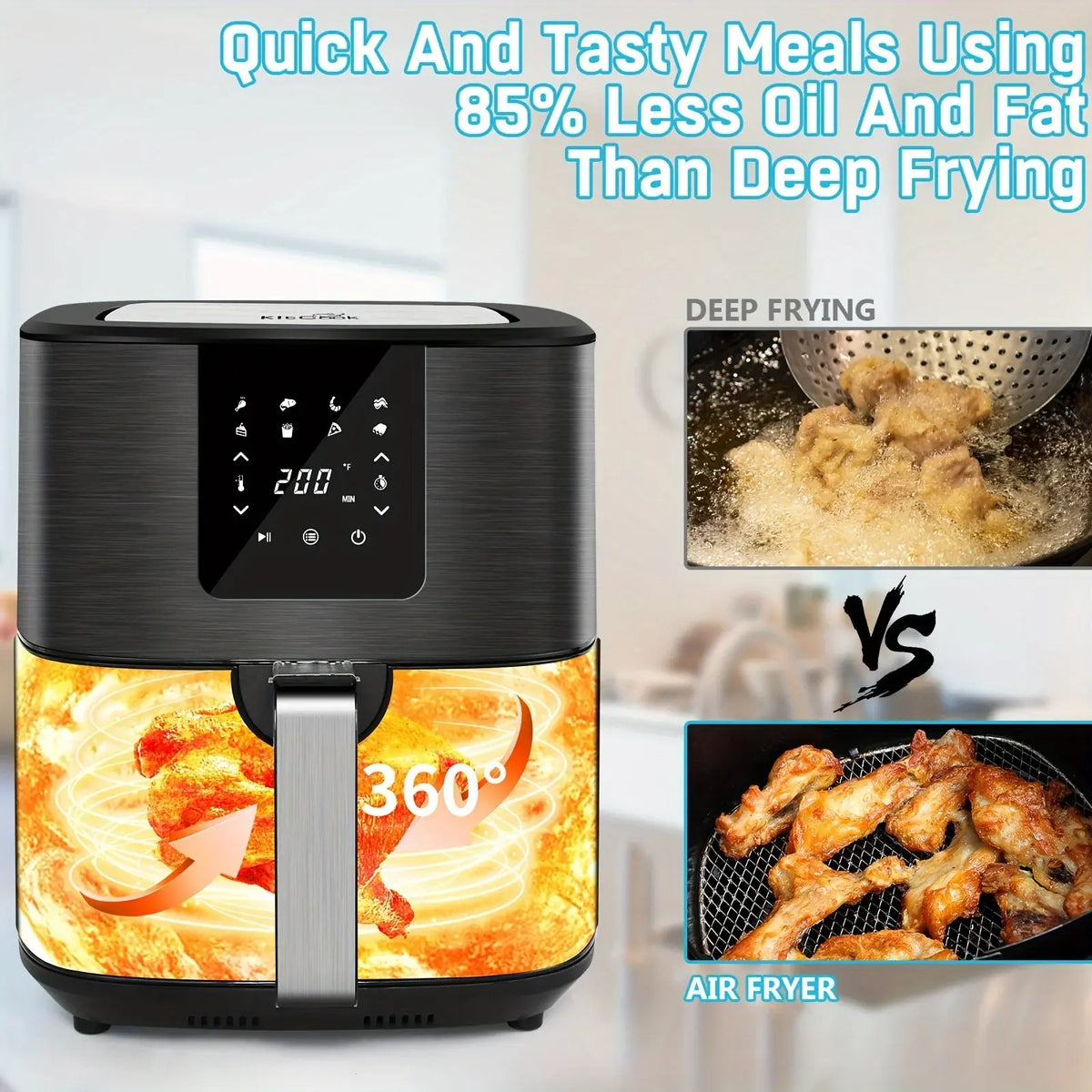 KitCook Large Air Fryer, 1500W 7QT AirFryer Cooker, Adjustable Temperature 100-400°F, 8 Presets Menu, Digital Touch Screen, Nons - Nexvibe