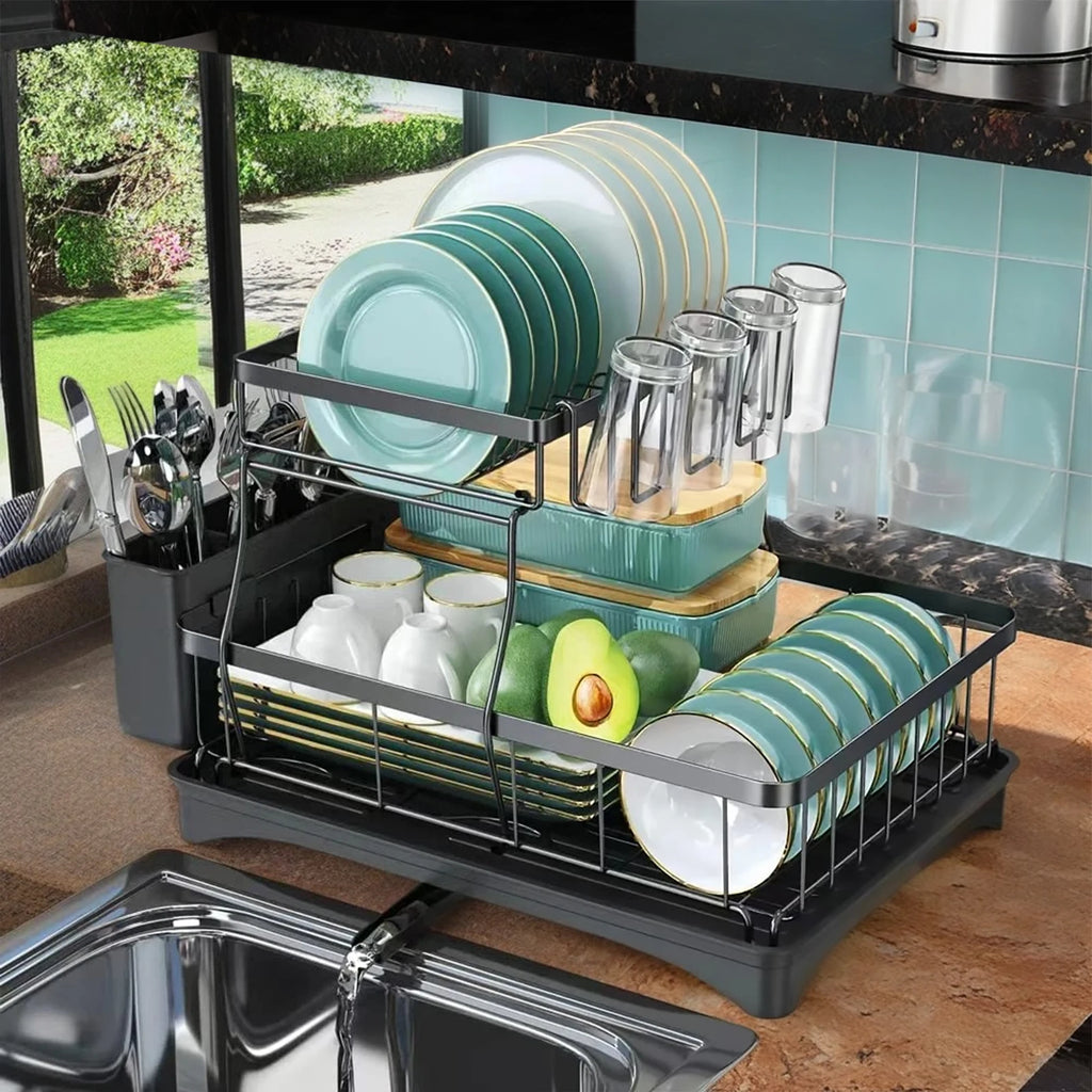 Large 2-tier dish drying rack for kitchen countertops removable large-capacity dish draining rack