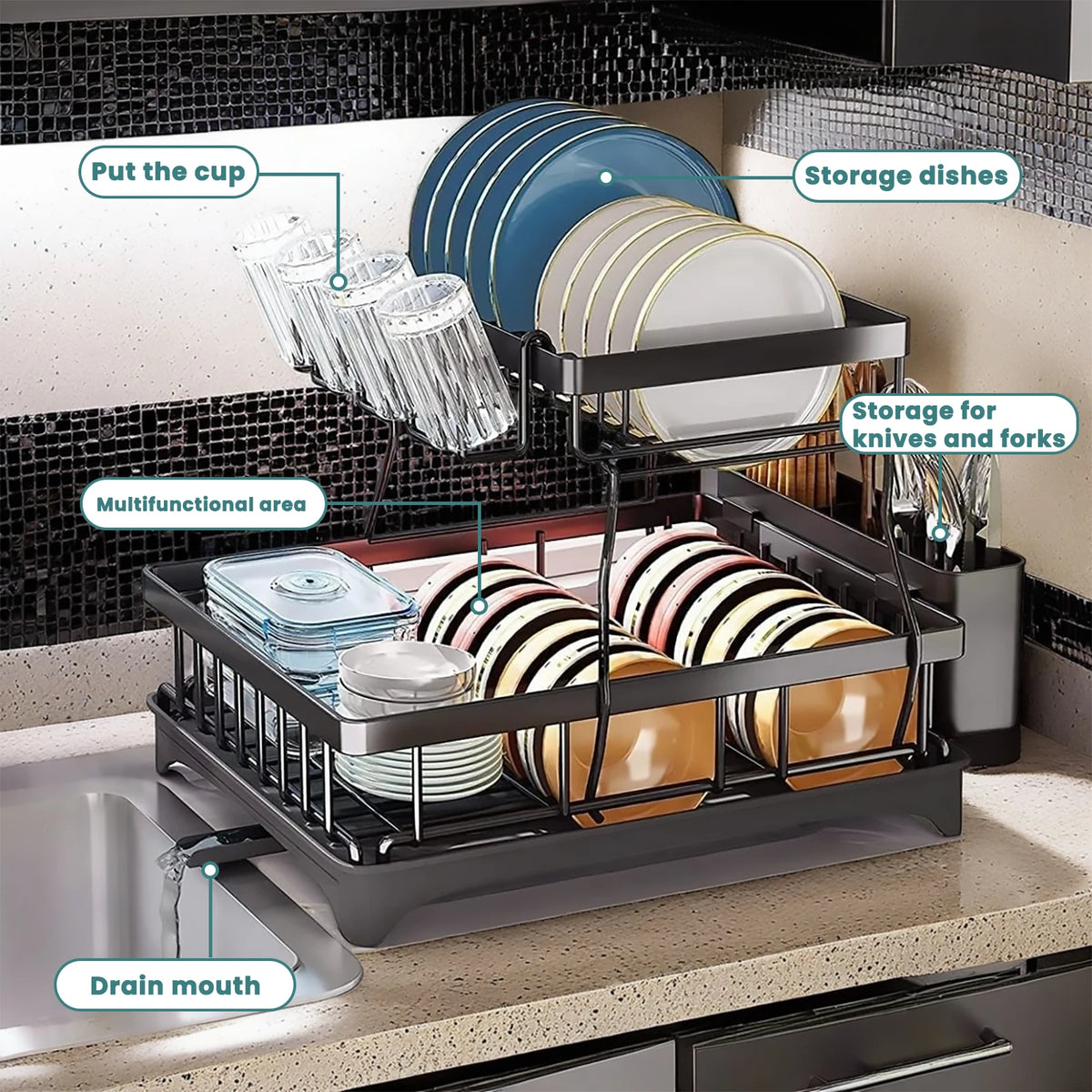 Large 2-tier dish drying rack for kitchen countertops removable large-capacity dish draining rack