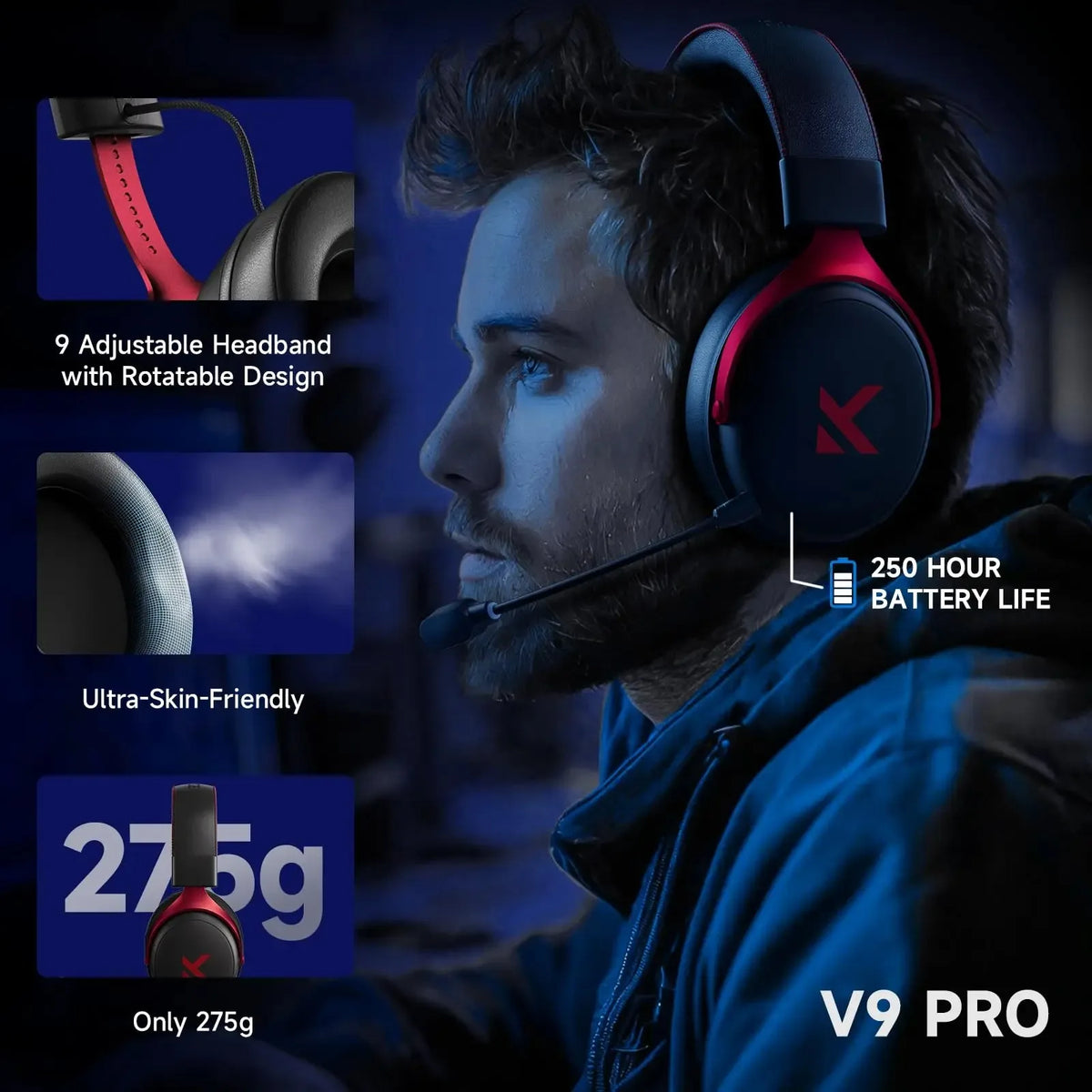MCHOSE V9 Pro Wireless Gaming Headset 7.1Surround Sound Headphones Noise Canceling Mic Low Latency Lightweight for PS5