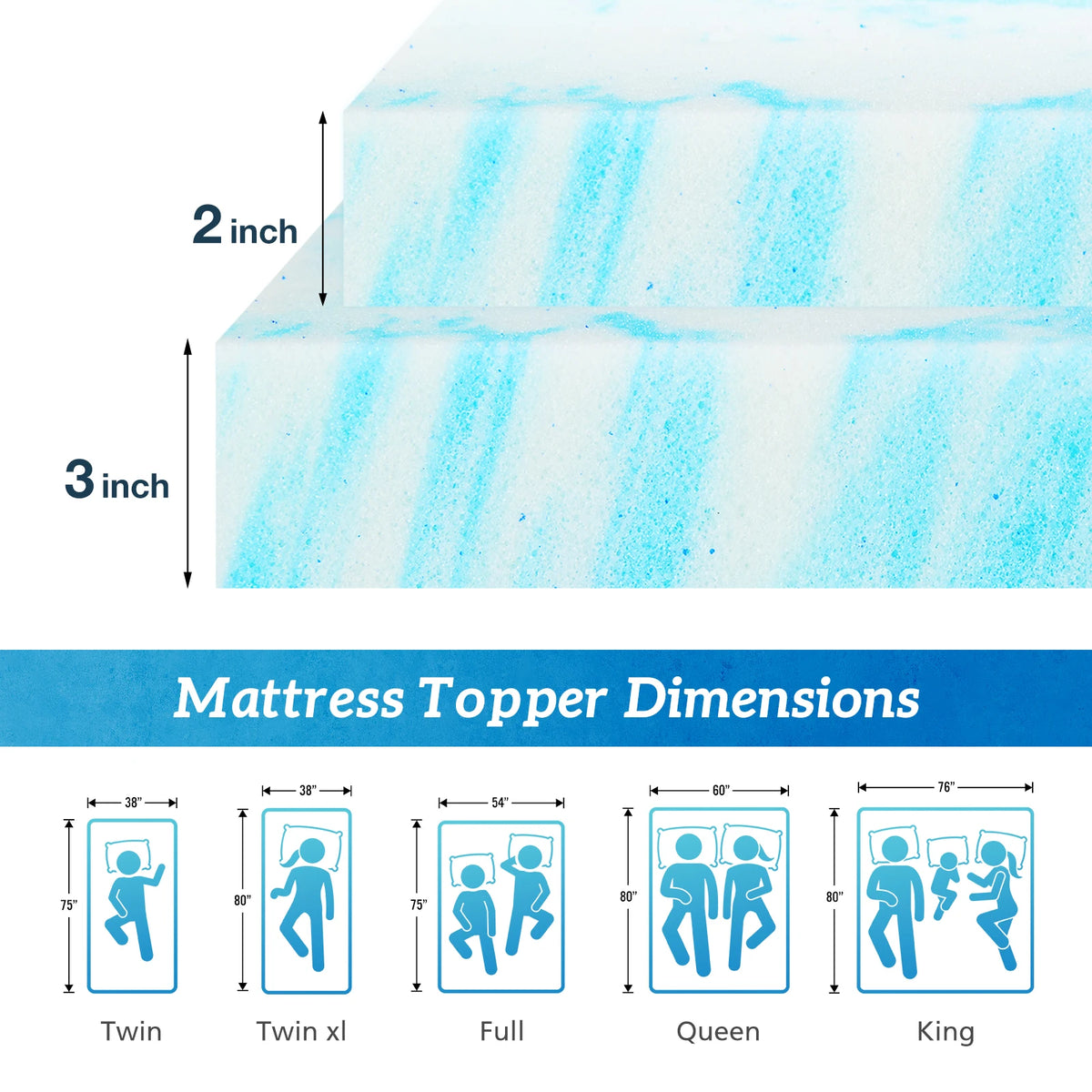 MCQ 2 Inch Soft Bed Mattress Full Size Memory Foam Gel Breathable Cooling Mattress Soft Bed Topper Home Bedroom