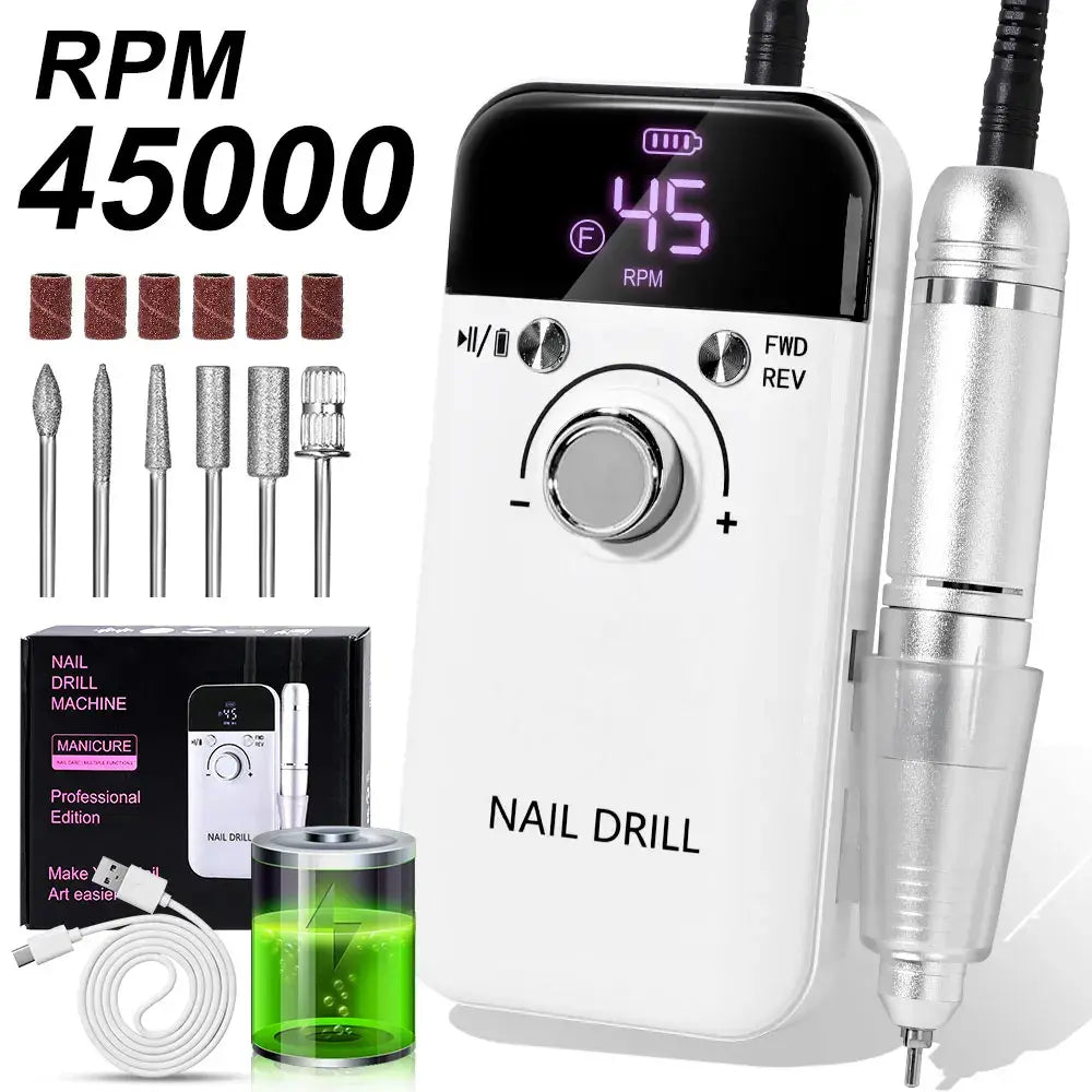 Nail Drill 45000 RPM Rechargeable Nails Electric File for Acrylic Gel Removing & Polishing Gel for Home/Salon Manicure