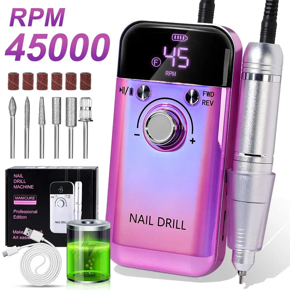 Nail Drill 45000 RPM Rechargeable Nails Electric File for Acrylic Gel Removing & Polishing Gel for Home/Salon Manicure