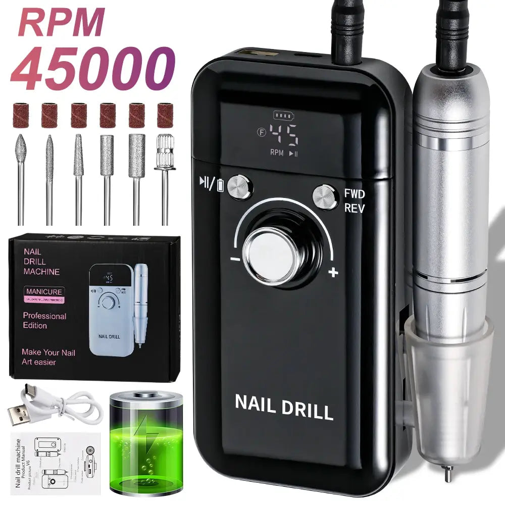 Nail Drill 45000 RPM Rechargeable Nails Electric File for Acrylic Gel Removing & Polishing Gel for Home/Salon Manicure