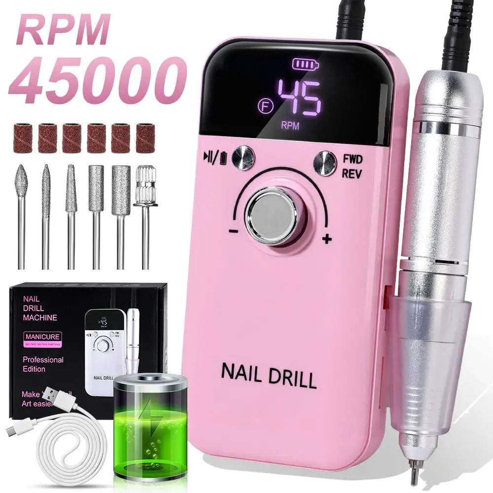 Nail Drill 45000 RPM Rechargeable Nails Electric File for Acrylic Gel Removing & Polishing Gel for Home/Salon Manicure
