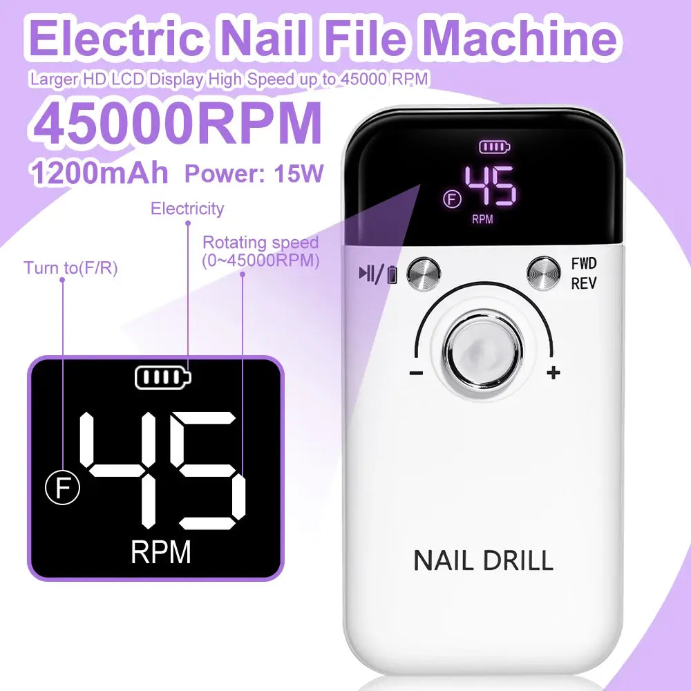 Nail Drill 45000 RPM Rechargeable Nails Electric File for Acrylic Gel Removing & Polishing Gel for Home/Salon Manicure