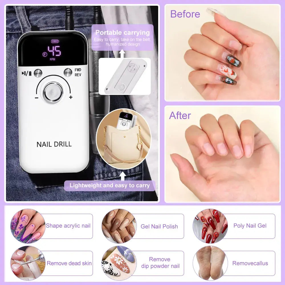Nail Drill 45000 RPM Rechargeable Nails Electric File for Acrylic Gel Removing & Polishing Gel for Home/Salon Manicure