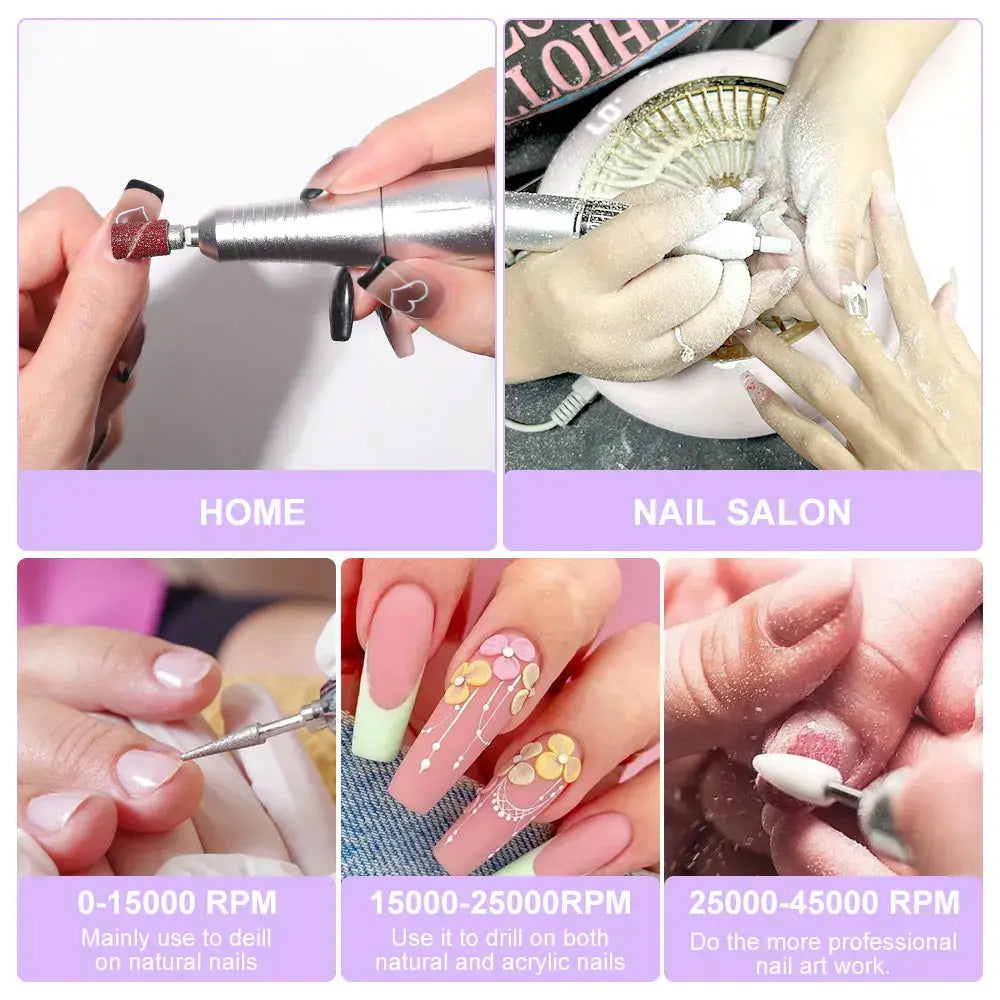 Nail Drill 45000 RPM Rechargeable Nails Electric File for Acrylic Gel Removing & Polishing Gel for Home/Salon Manicure