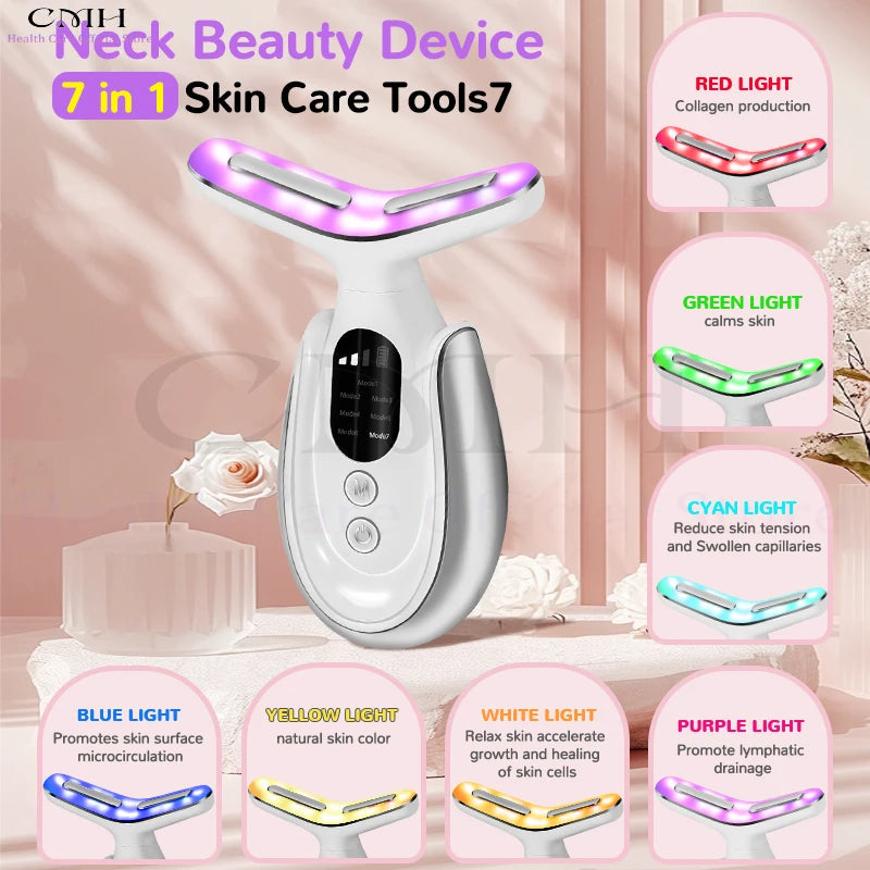 Neck Beauty Device 7 in 1 LED Therapy Microcurrent Anti Wrinkle Face Massager Deep Cleansing Hot Compress for Skin