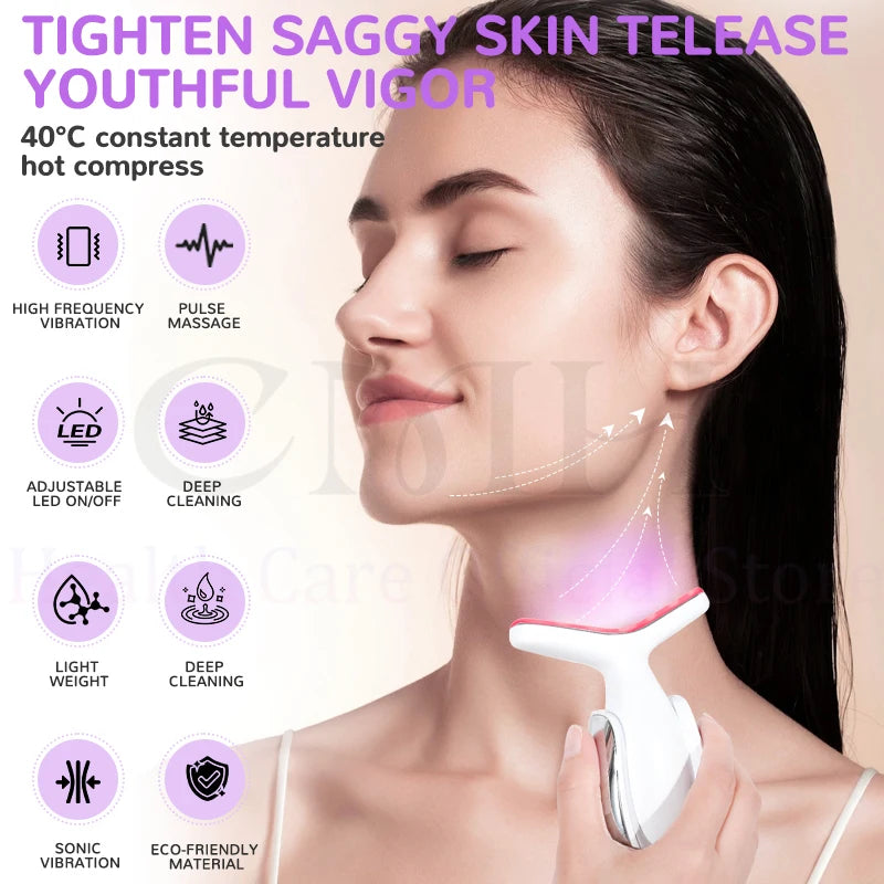 Neck Beauty Device 7 in 1 LED Therapy Microcurrent Anti Wrinkle Face Massager Deep Cleansing Hot Compress for Skin