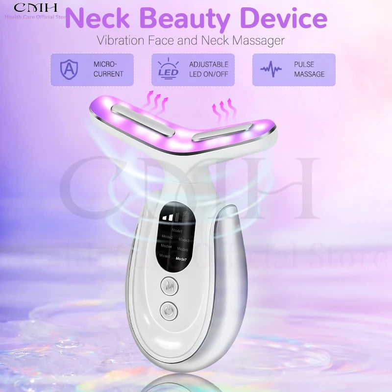 Neck Beauty Device 7 in 1 LED Therapy Microcurrent Anti Wrinkle Face Massager Deep Cleansing Hot Compress for Skin